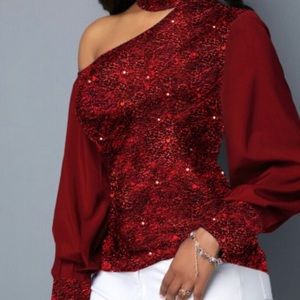 Mock neck cutout the shoulder wine red blouse